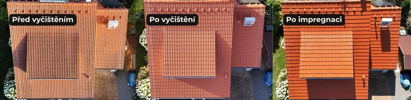 Střecha před vyčištěním, po vyčištění a po impregnaci